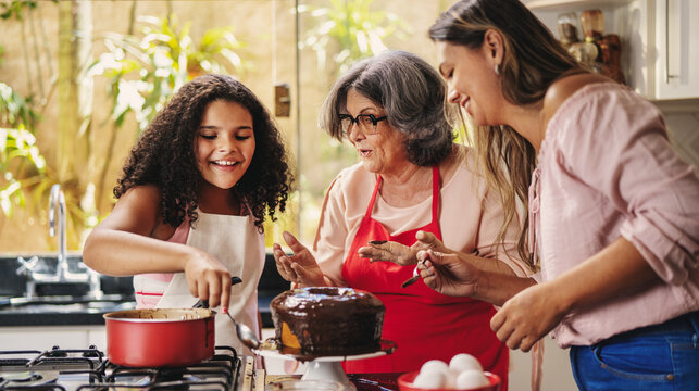 Avó, mãe e filha Brasilieiras na cozinha decorando um bolo para o dia das mães