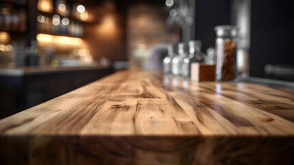 Wooden Table top counter with Blurred bar restaurant background , product display