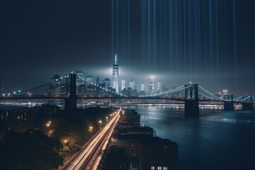 Fototapeta na wymiar View of 9/11 memorial lights from Brooklyn post-COVID lockdown. Generative AI