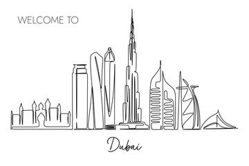 Continuous line drawing of Dubai city skyline. World Famous tourism destination