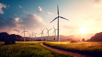 Fototapeta na wymiar windmills in the countryside at sunset. Generative Ai. 
