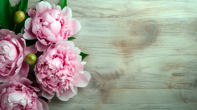 pink peonies on a wooden table for your design top view. Generative Ai. 