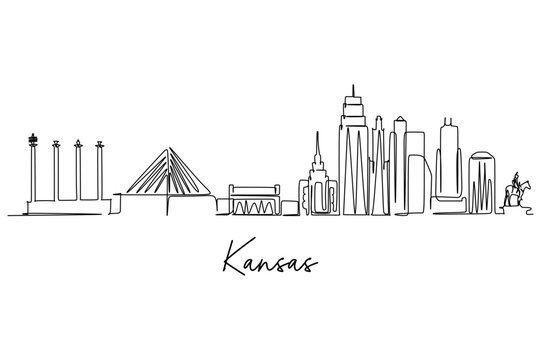 Continuous line drawing of the Kansas city skyline. Beautiful landmarks and travel destinations