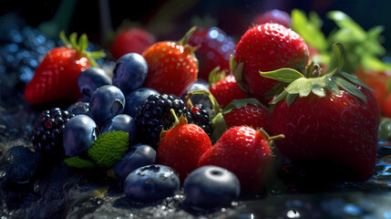 Assorted several types of berries on a dark background.