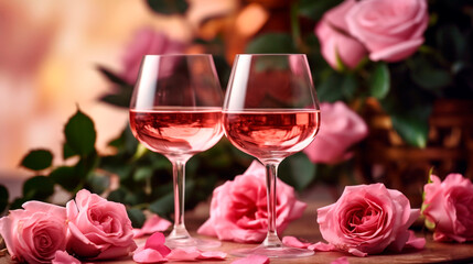 Two glasses of wine surrounded by roses. Generative Ai. 