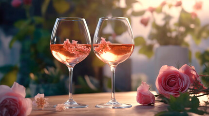 Two glasses of wine and roses on the table on a sunny day. Generative Ai. 