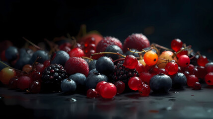 Assorted several types of berries on a dark background.