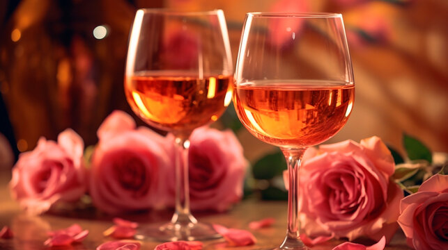 Two glasses of wine and roses on a blurred background. Generative Ai. 