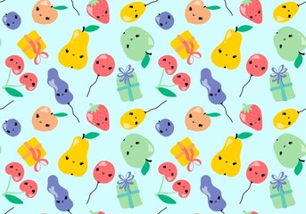 Summer cartoon fruit seamless apples and cherry and peaches and plums and pears pattern for birthday gifts