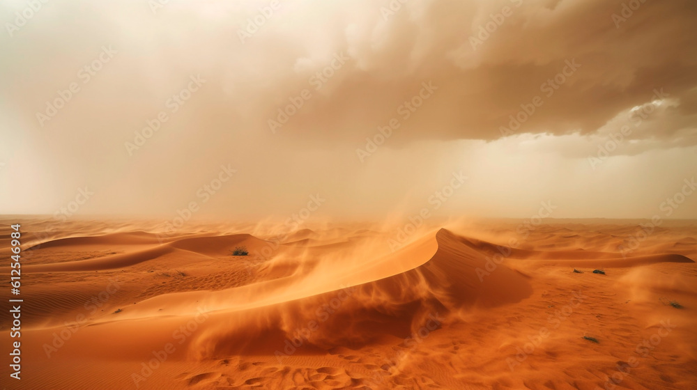 Wall mural view of a sandstorm approaching from afar in the desert. generative ai.