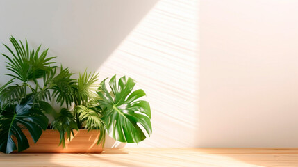 Fototapeta premium white room with decorative tropical plants. Generative Ai. 