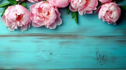 pink peonies on a turquoise wooden table. Generative Ai. 
