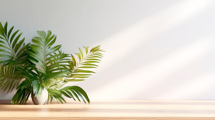 Sunny room with tropical plant on white wall. Generative Ai. 