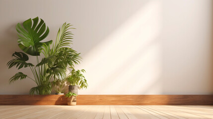 Fototapeta na wymiar empty room with tropical plant lit by the sun. Generative Ai. 