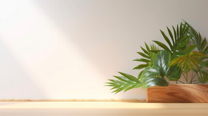interior with white wall lit by sun and tropical plant. Generative Ai. 