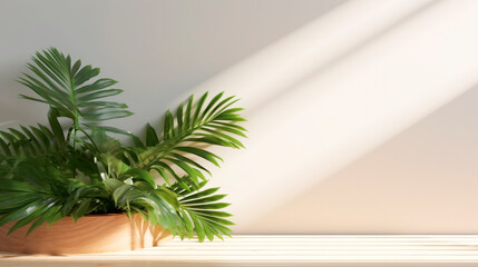 tropical plant against the background of a white wall illuminated by the sun falling from the window. Generative Ai. 