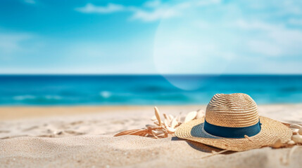 Fototapeta na wymiar straw hat on the beach close-up on a sunny day. Generative Ai. 