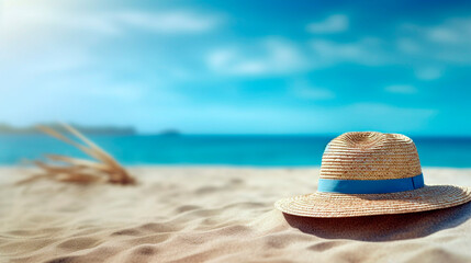 straw hat on the sand of the beach on a sunny day. Generative Ai. 
