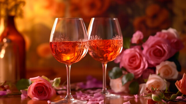 two glasses of champagne and rose. Generative Ai. 