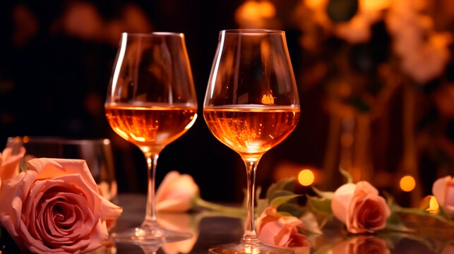 two glasses of champagne and roses. Generative Ai. 