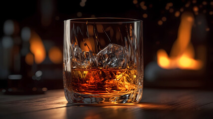 Glass with whiskey and ice cubes on the table, warm cozy atmosphere.