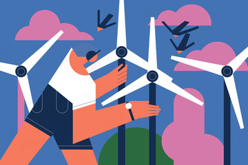 Conceptual illustration shows a worker man placing ecologic energy windmills in the landscape. Ecology and sustainability concepts. - 612548533