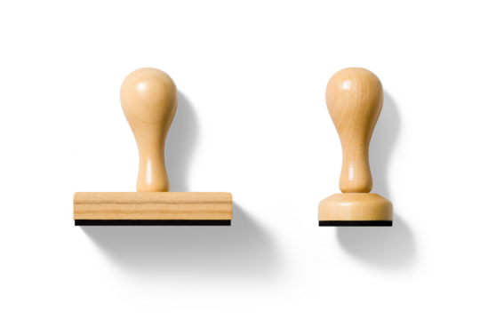 Set of various wooden rubber stamps isolated on a transparent background, PNG. High resolution. 