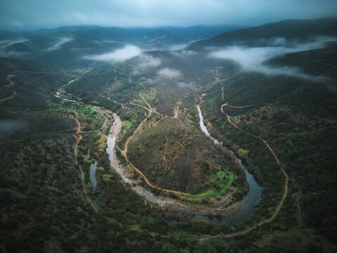 Aerial drone shot of the Odeleite River in Algarve, Portugal