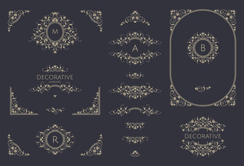 Collection of royal decorative elements. Floral ornamental monogram, frames and borders.