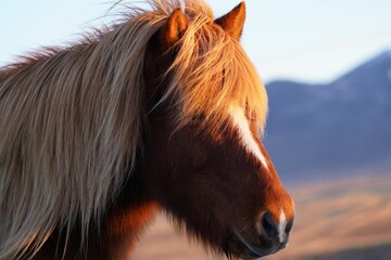 Selective closeup focus of a brown Icelandic horse (Equus ferus caballus)