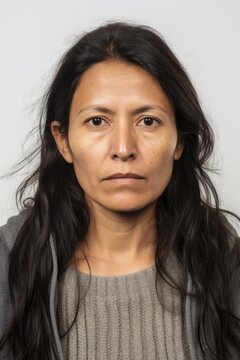 Portrait mug shot of a serious hispanic woman, generative AI	