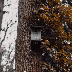 Selective focus low angle closeup of a bird house on a tree