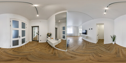 full seamless spherical 360 hdri panorama view in modern entrance hall of corridor rooms in white...