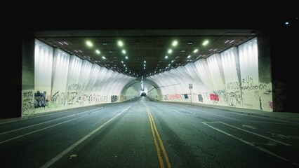 Entry of the Second Street Tunnel at night, Los Angeles, California, United States