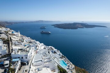 Aerial view of Santorini island surrounded by buildings