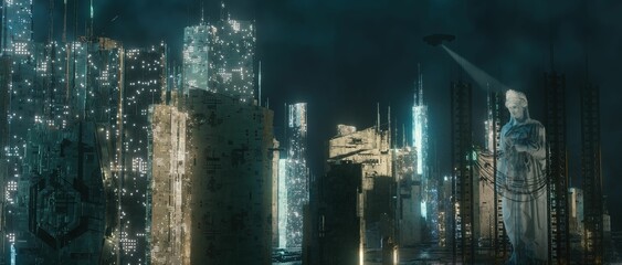 Obraz na płótnie Canvas 3d render night view of illuminating cyberpunk futuristic skyscrapers for sci-fi, dystopia concept