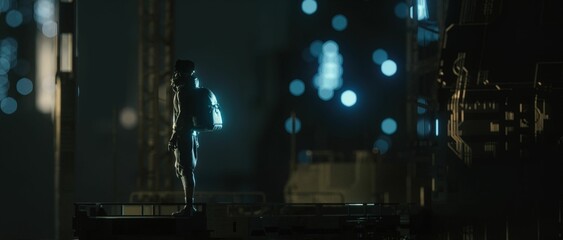 Night scene of a female with backpack  for sci-fi, cyberpunk concept with bokeh background