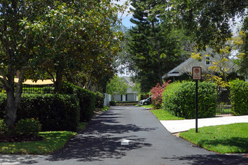Painted one-way arrow symbol on road or alley in a residential neighborhood in Florida