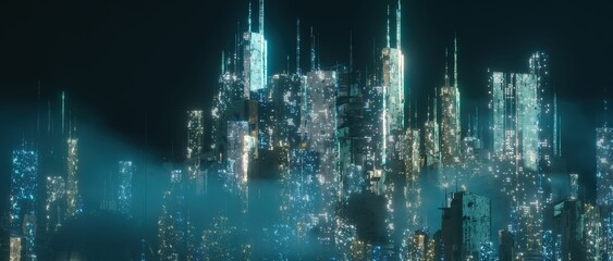 3d render night scene of illuminating cyberpunk futuristic skyscrapers for sci-fi, dystopia concept