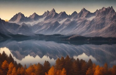 Landscape of mountains and lake, detailed, beautiful sky, realistic reflections made with generative AI.