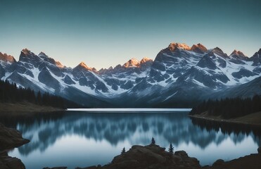 Landscape of mountains and lake, detailed, beautiful sky, realistic reflections made with generative AI.