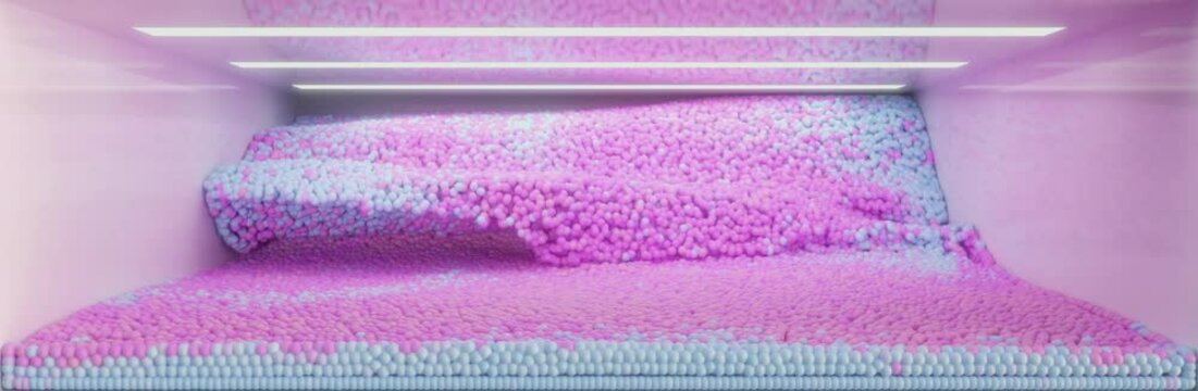 3D render of a heap of pink blue balls moving around in an illuminated room
