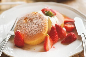 Closeup shot of pancakes with cream and strawberries on a plate with utensils