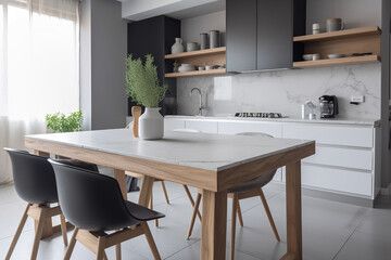 Fototapeta na wymiar Modern kitchen interior in white colors, empty table closeup. Generative AI