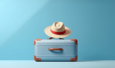 background travel blue holiday suitcase trip journey vacation hat baggage holding. Generative AI.