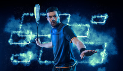 Squash player on a squash court with racket. Man athlete with racket on court with neon colors....