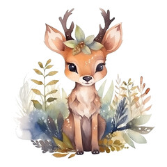 Watercolor cute baby deer. Illustration AI Generative.