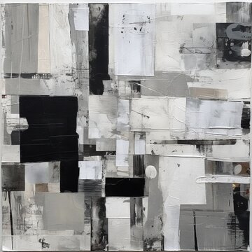A mixed media abstract art with rectangles in shades of gray, black and white. Generative AI. 
