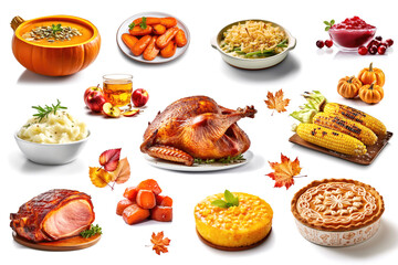 Collage with assorted traditional american food for Thanksgiving on white background. AI generative - Powered by Adobe