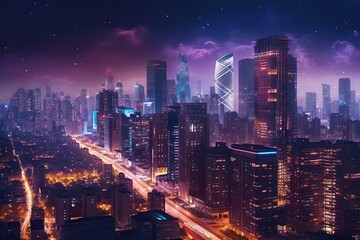 Fototapeta premium A breathtaking view of Singapore's magnificent skyscrapers illuminated at night, The city's vibrant energy is on full display in this stunning skyline shot, generated by AI,